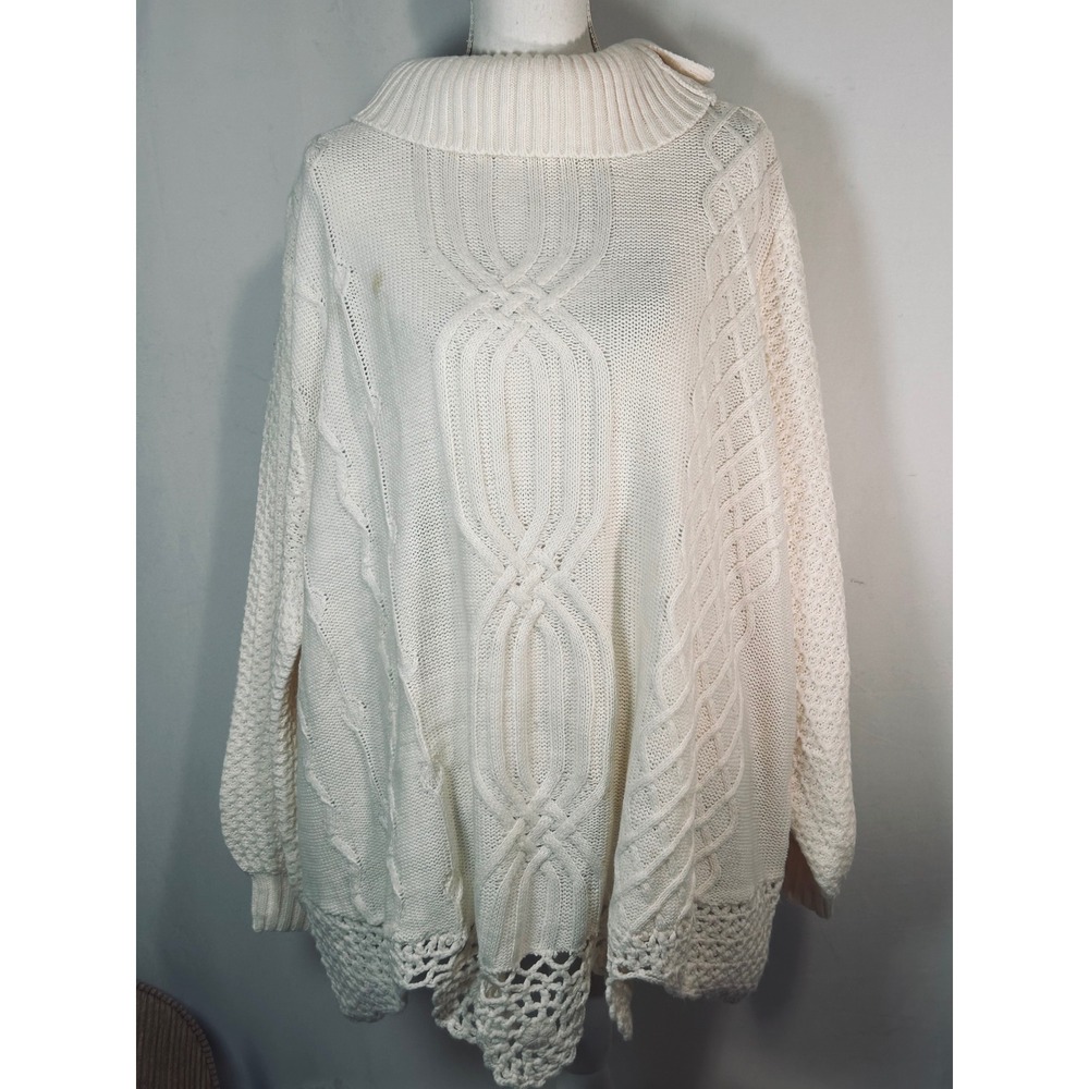 Cream Cable Knit Poncho Sweater Turtleneck Crochet Hem Ivory Oversized Boho